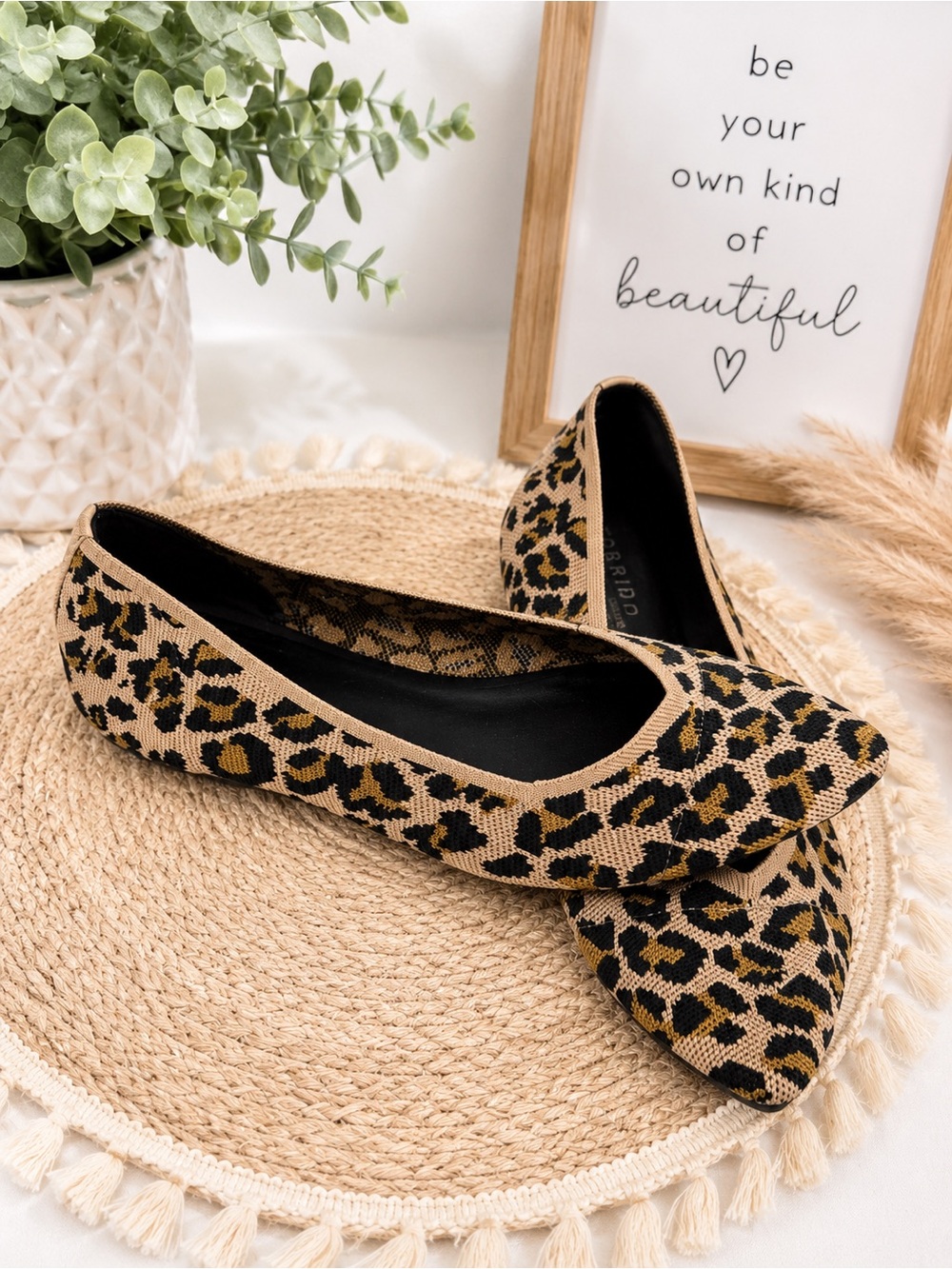 Leopard Print Knit Pointed Toe Women’s Flats - Tan/Black 10WW